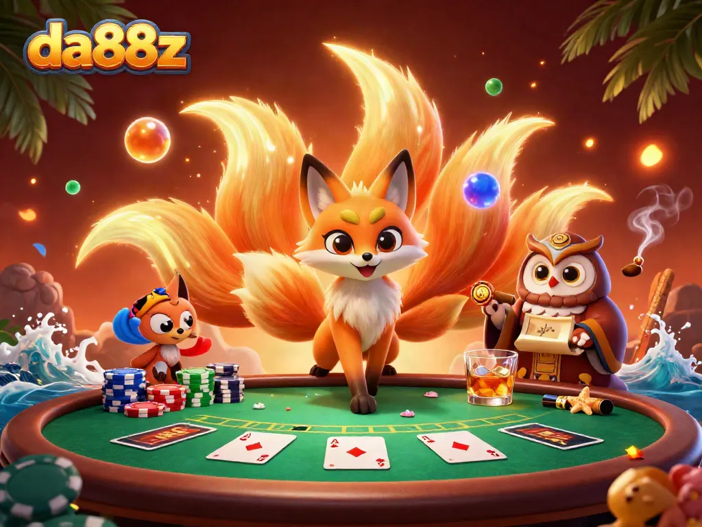 Engage with thrilling poker action at da88z featuring a colorful nine-tailed fox and owl