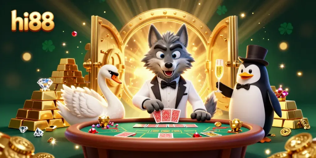 Experience the excitement of hi88 with a debonair wolf, swan dealer, and penguin sommelier at a lively casino table.