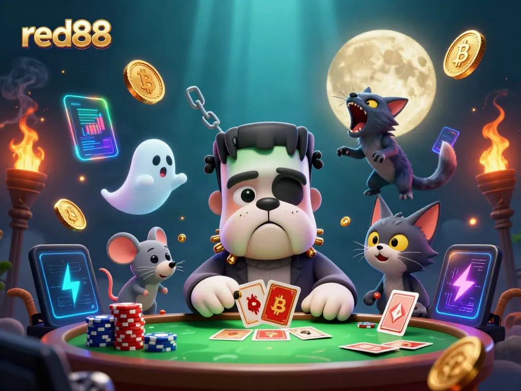 Experience thrilling casino action with red88 as a Frankenstein bulldog dealer and ghostly companions.