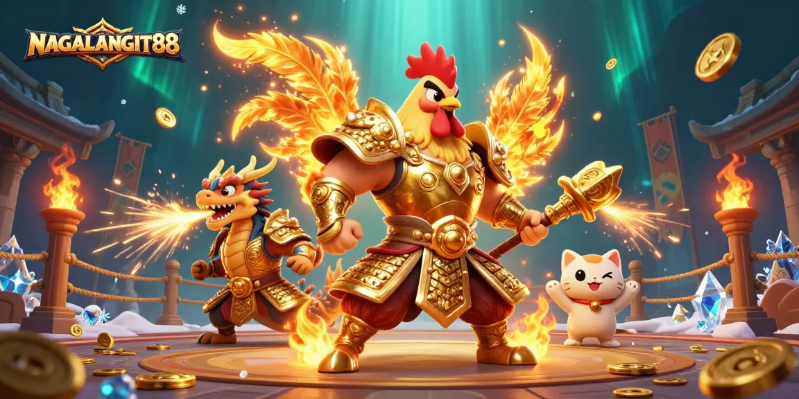 NAGALANGIT88 showcases a powerful rooster warrior in a vibrant 3D casino setting, ready for action.
