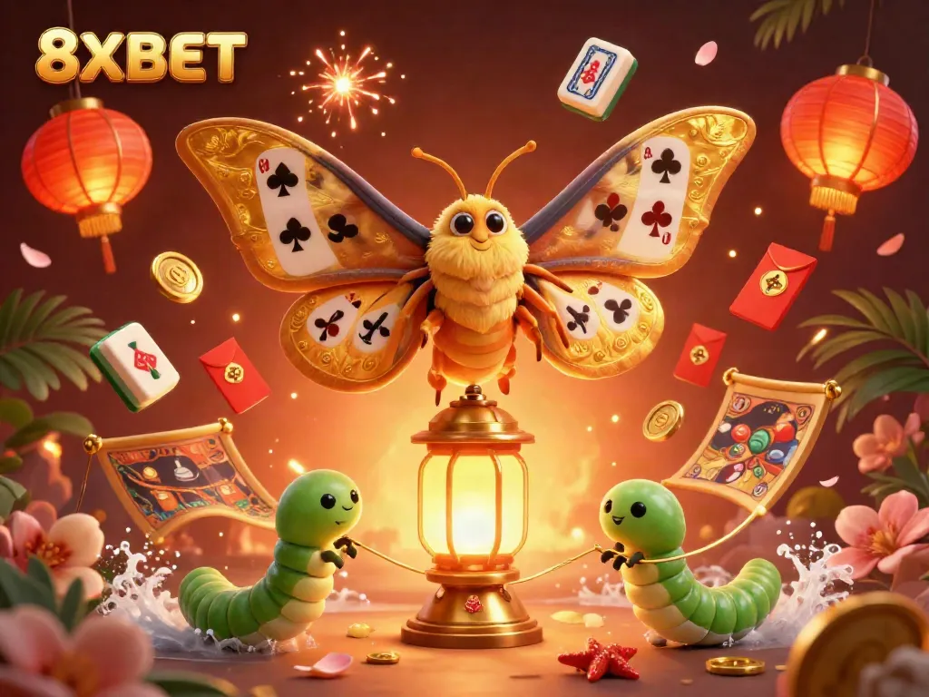 Engage with 8XBET's vibrant casino scene featuring golden butterflies, lucky symbols, and festive elements.