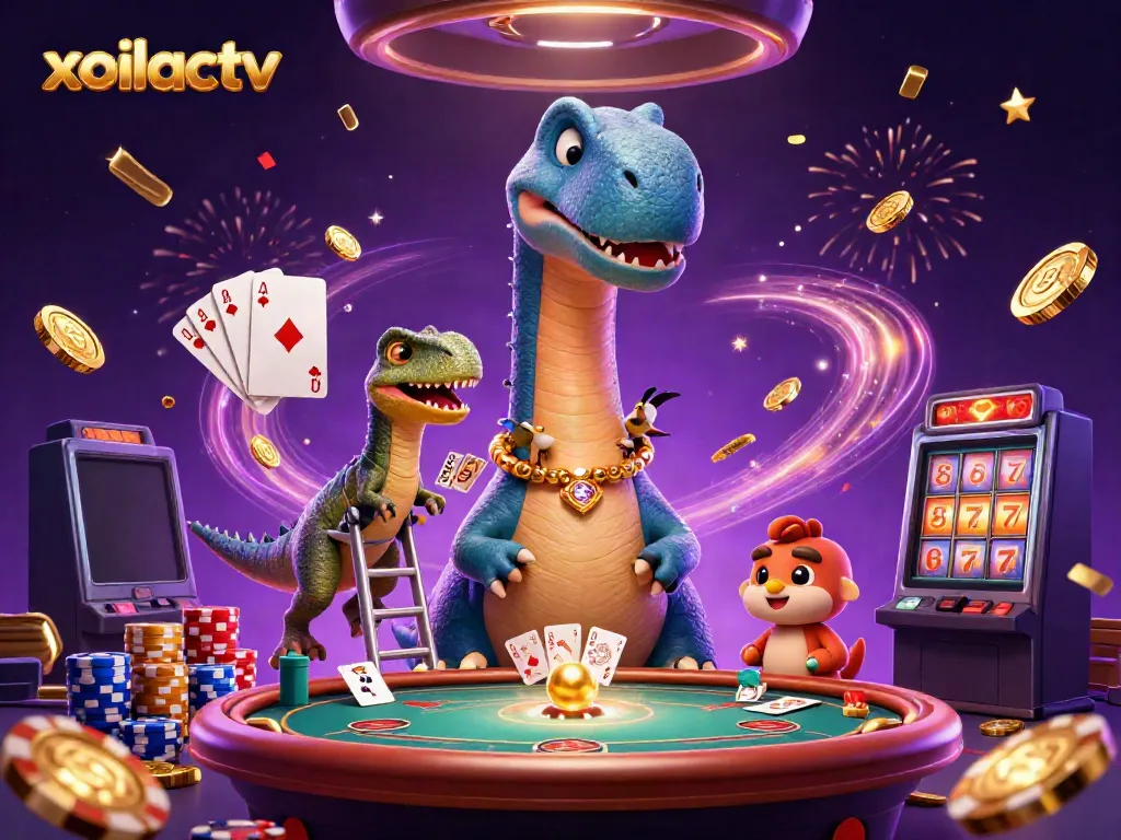 Experience the excitement of xoilactv with dynamic casino elements and 3D characters in a lively scene.