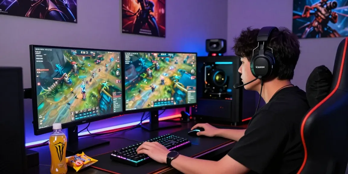 Gamer immersed in sc88 gameplay, featuring dual monitors, colorful lights, and gaming accessories.