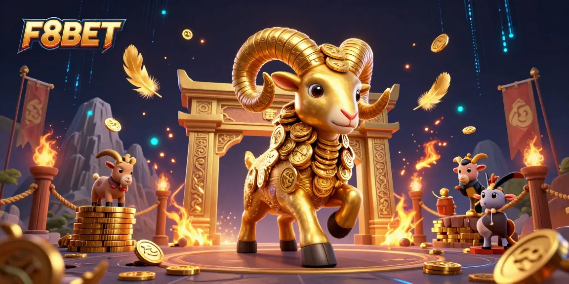 F8BET presents an action-packed illustration featuring a golden ram charging through a casino-themed arena.
