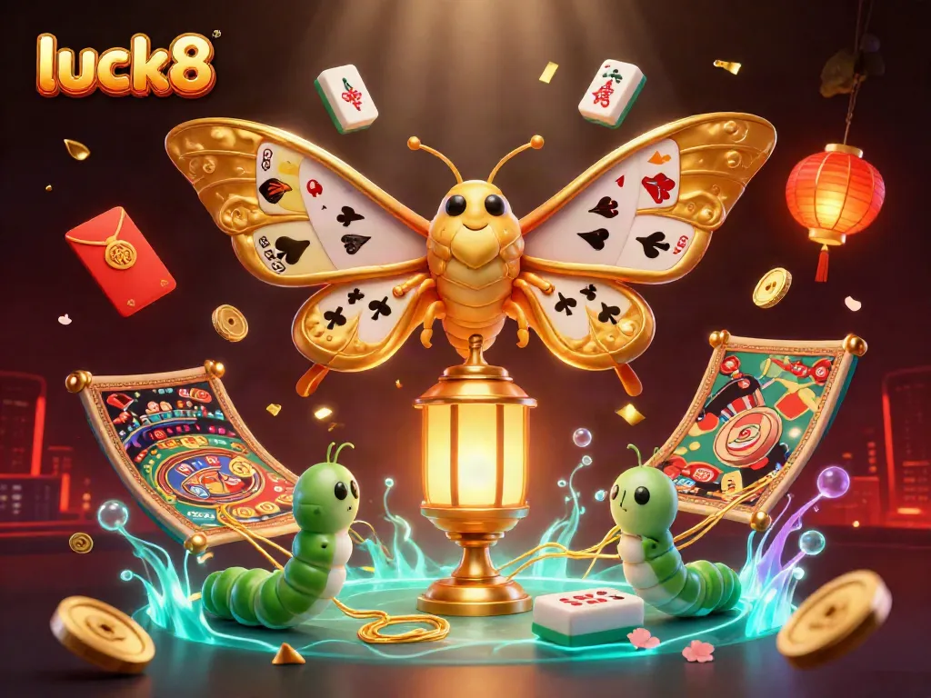 Engaging illustration showcasing luck8 with vibrant casino themes featuring a moth, lanterns, and golden game elements.