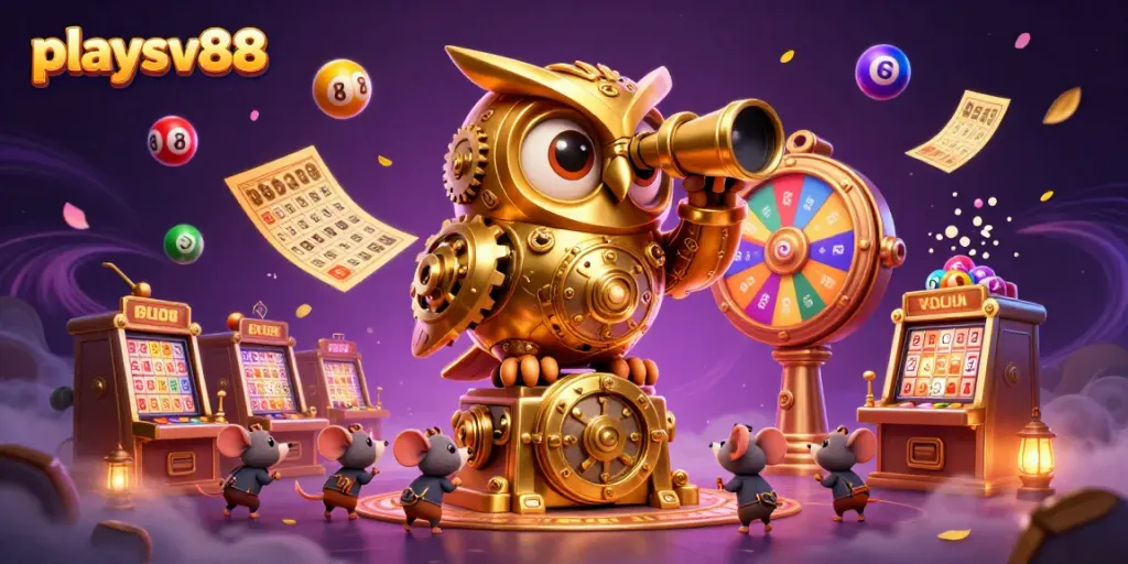Experience thrilling gaming action with playsv88's vibrant casino atmosphere featuring an owl and lively mice patrons.