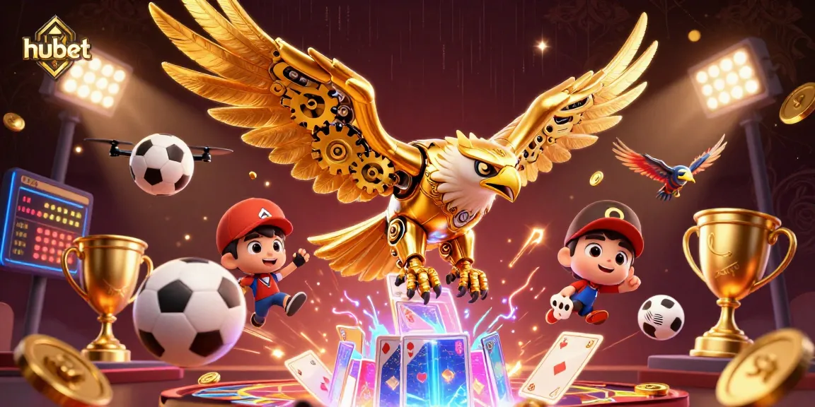 Experience excitement with hubet as the golden eagle dives through holographic cards in an energetic casino scene.
