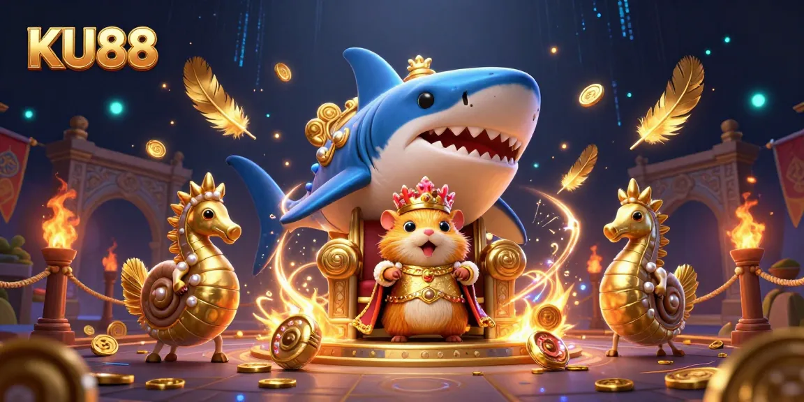 Experience exciting gameplay with KU88 in this vibrant 3D casino scene of a hamster king and royal guards.