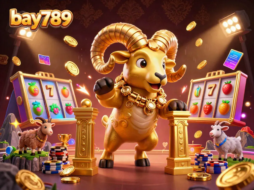 Experience thrilling slots action at bay789 with dynamic golden ram illustration and casino elements.