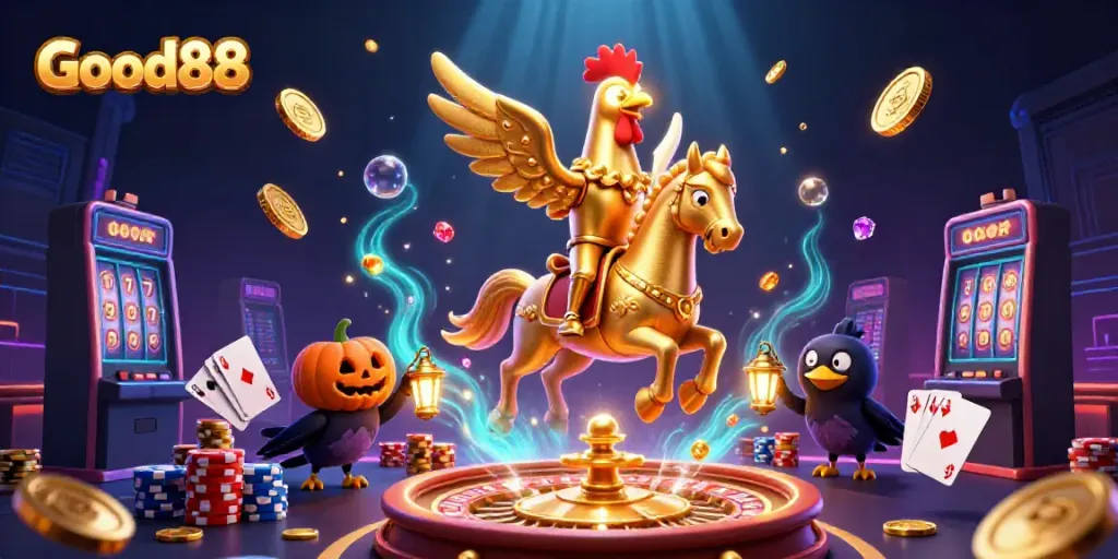 Experience the thrilling Good88 casino adventure with golden rooster characters amidst vibrant gambling elements.