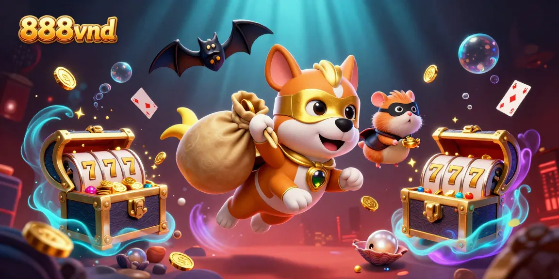 Win big at 888vnd with a cartoon superhero dog and slot games in a vibrant casino scene.