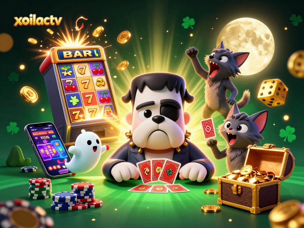 Xoilactv showcases a lively casino scene with a 3D cartoon bulldog dealer amidst vibrant gaming elements.