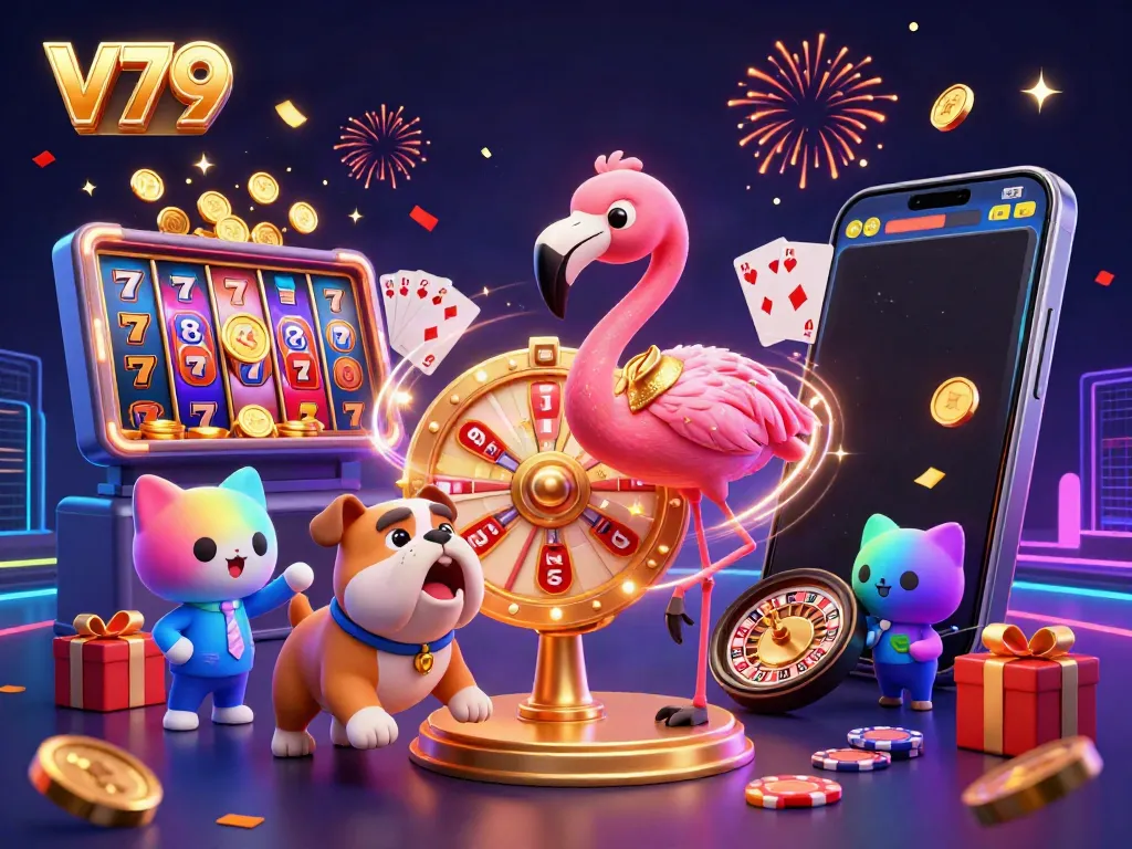 V79 slots promotion featuring a colorful scene with a game show host and excited bulldog in a casino setting.