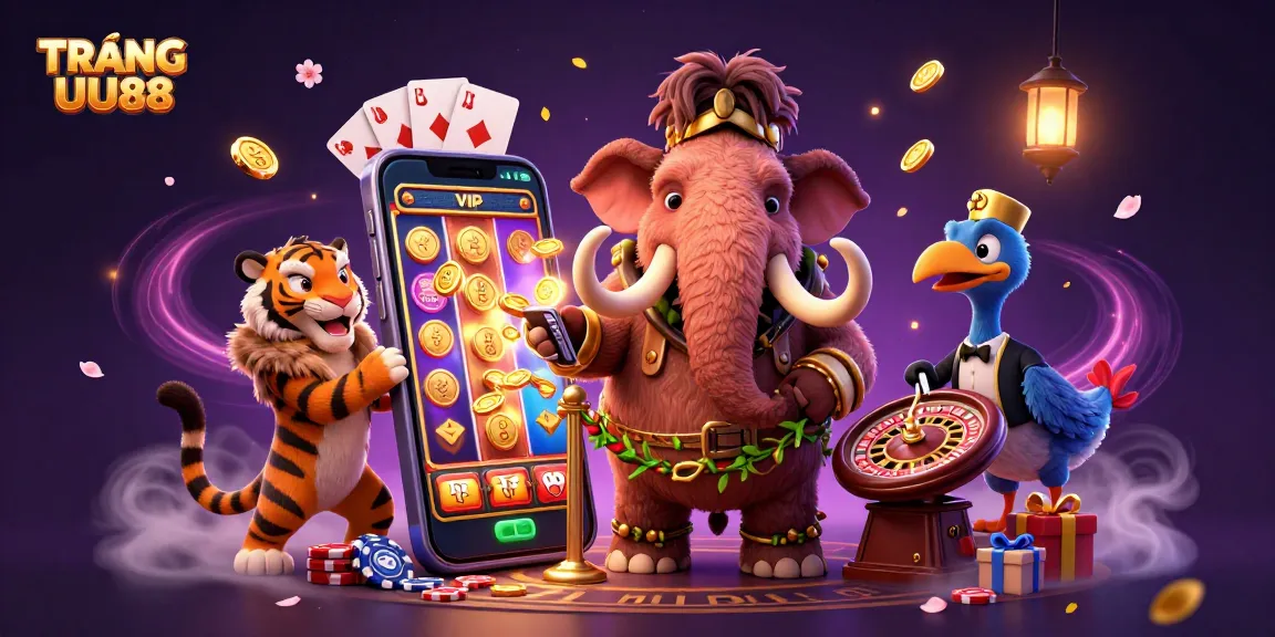 Experience the vibrant scene of TRANG CHỦ UU88 with cartoon bouncers, games, and excitement.