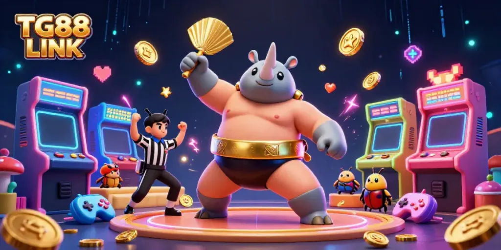 Experience the vibrant energy of TG88 LINK with a dynamic casino-themed illustration featuring racing coins and playful characters.