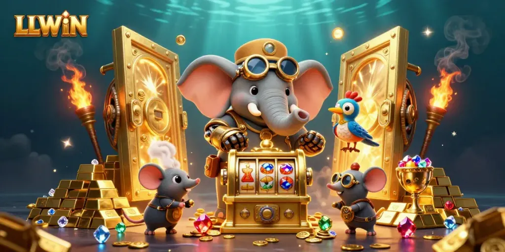 Experience the excitement of LLWIN's vibrant casino world, featuring steampunk characters and golden treasures.