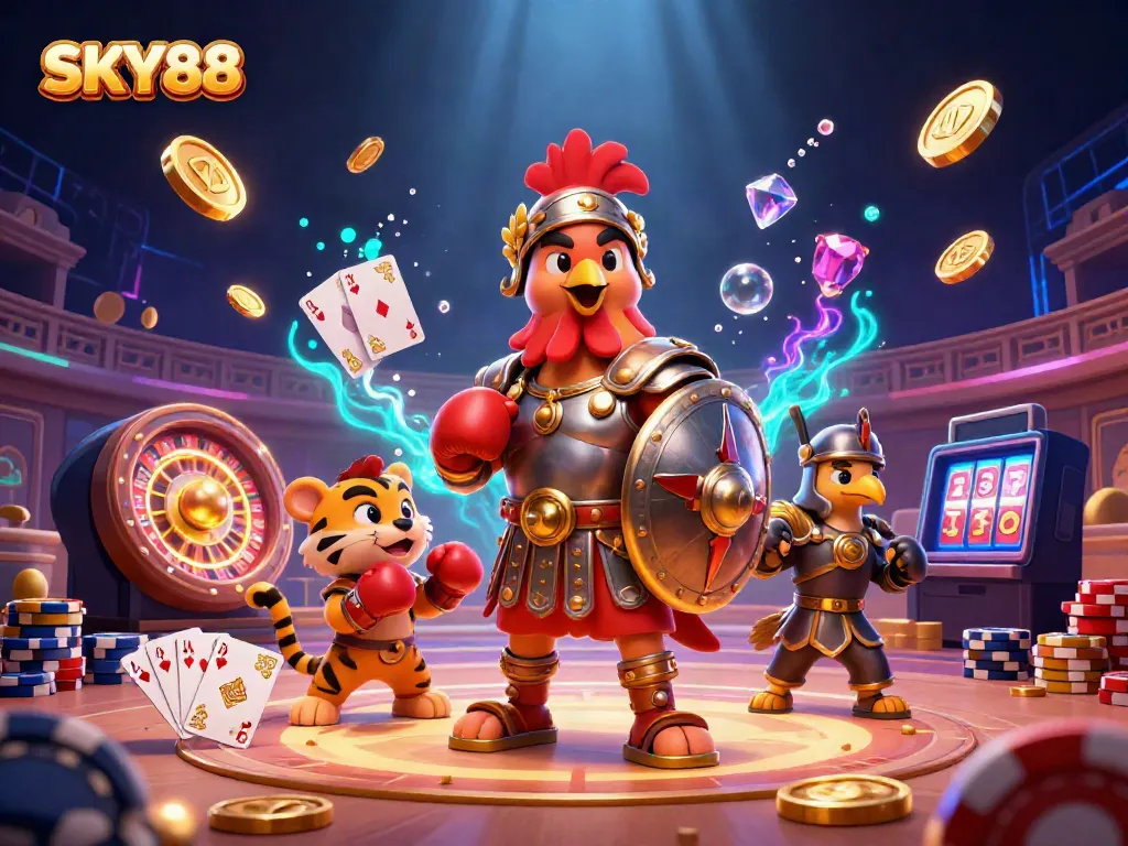 Experience the thrilling action at SKY88 with a gladiator rooster and sparring tiger in a vibrant casino arena.