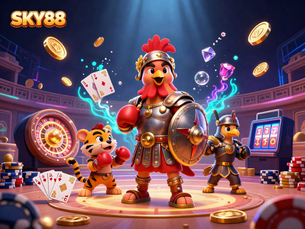 Experience the thrilling action at SKY88 with a gladiator rooster and sparring tiger in a vibrant casino arena.