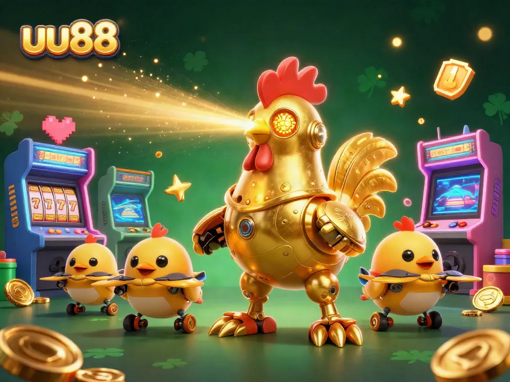 Spin to win at uu88 casino with an innovative golden rooster robot and entertaining gaming elements.
