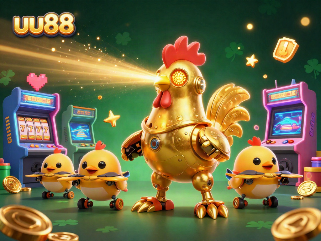 Spin to win at uu88 casino with an innovative golden rooster robot and entertaining gaming elements.