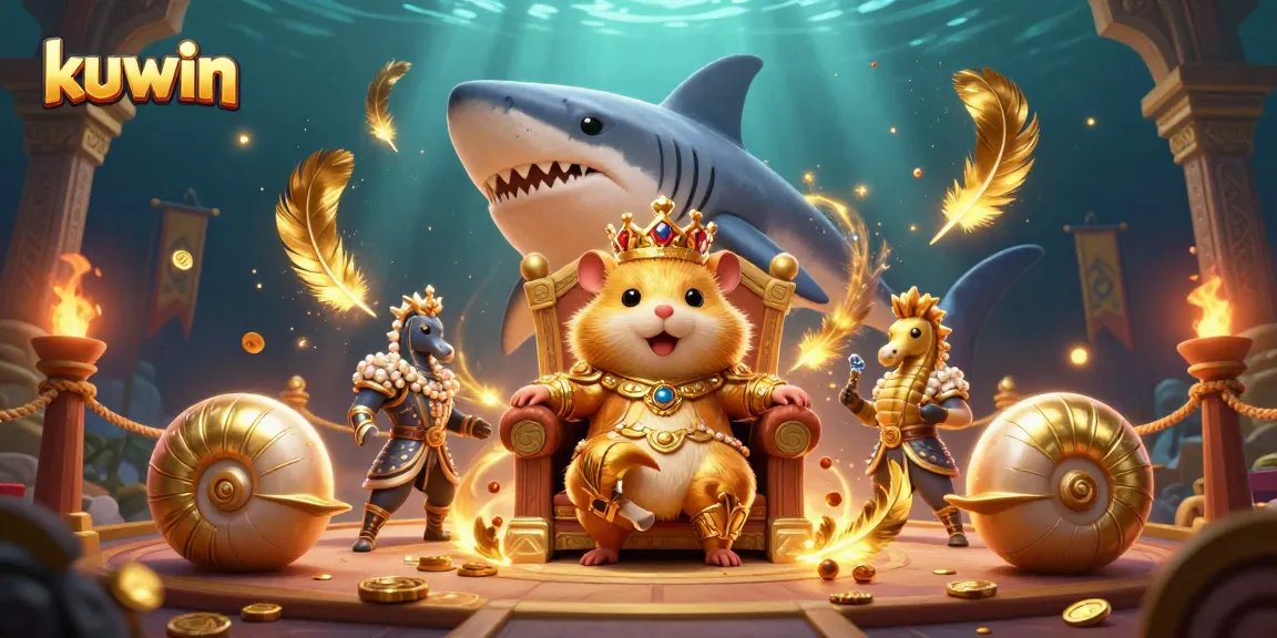 Kuwin's dynamic gaming scene featuring a tiny hamster king and his seahorse guards surrounded by gold coins and swirling particles.