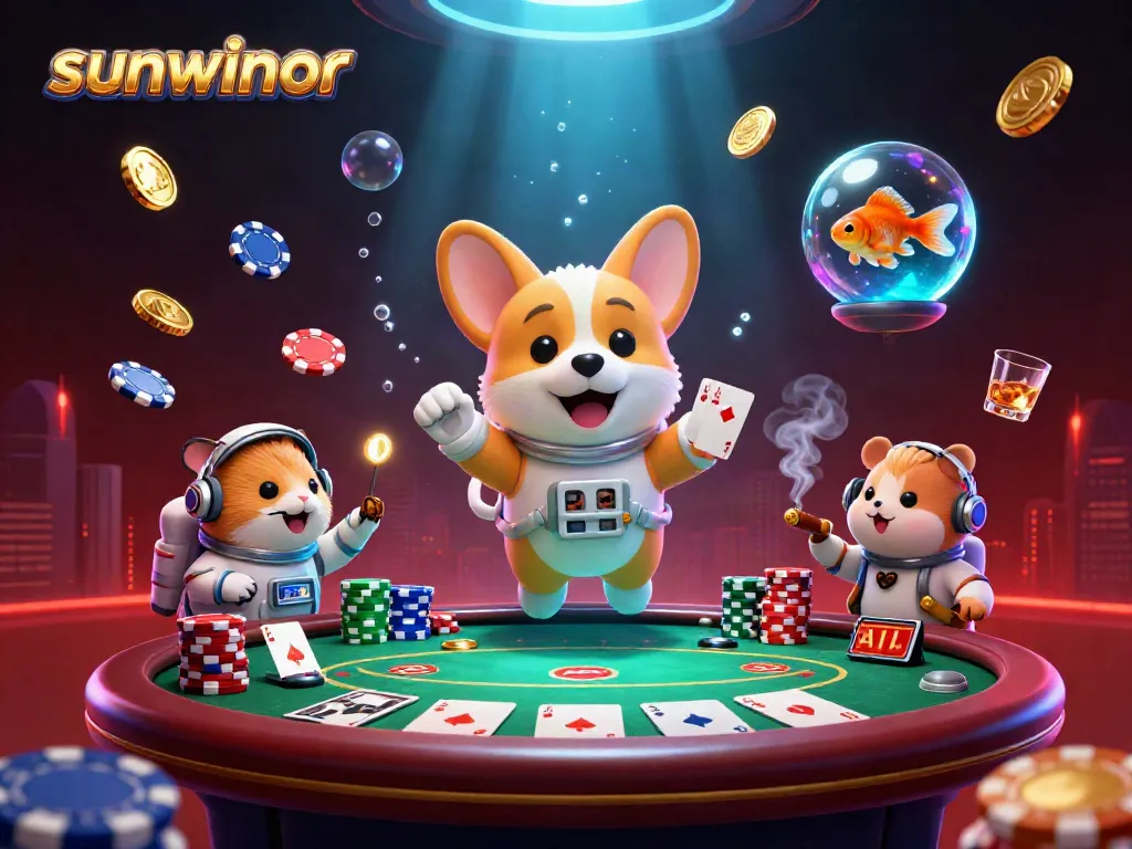 Experience exciting gameplay with sunwinor featuring a whimsical casino scene with floating coins and playful characters.