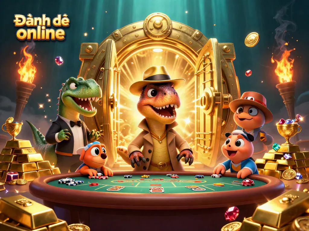 Engage in Đánh đề online with a lively scene featuring a clever velociraptor at a blackjack table.