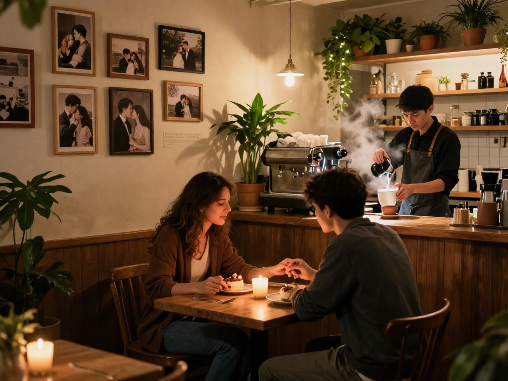A romantic cafe scene with a couple sharing dessert, emphasizing the F168 dating experience.