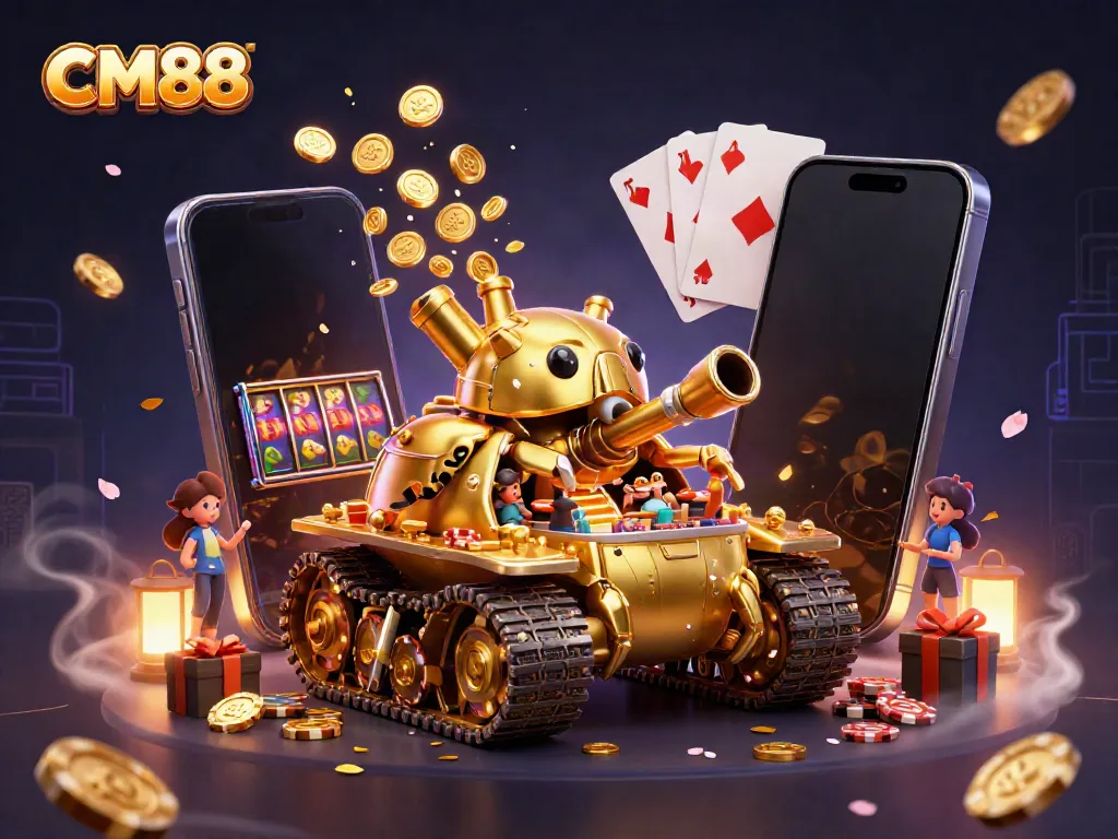 Experience the excitement of CM88 through a dynamic casino-themed 3D illustration filled with vibrant game elements and energy.