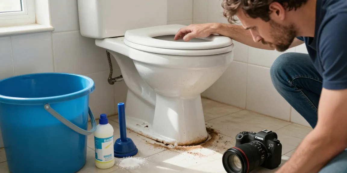 Verstopte wc met bezorgde eigenaar en hulpmiddelen op de vloer in de badkamer.