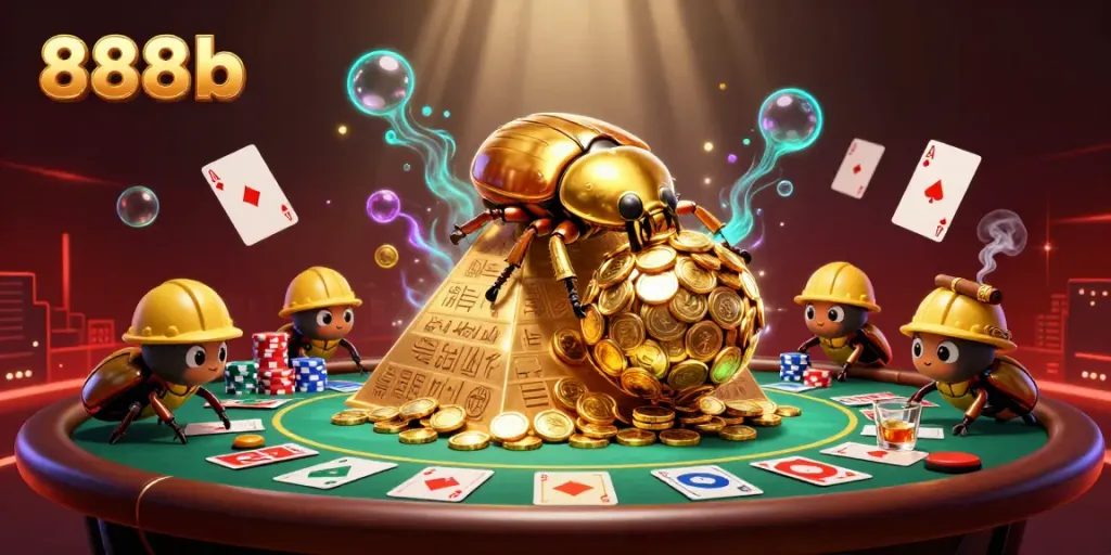 Engage in thrilling gameplay at 888b with a vibrant casino scene showcasing a golden beetle and poker elements.