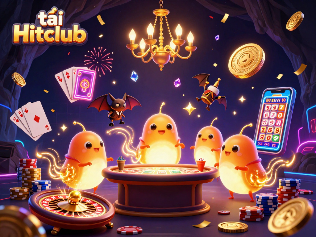 Play and win big with tải Hitclub in a vibrant casino scene featuring glowworms and a bat dealer.
