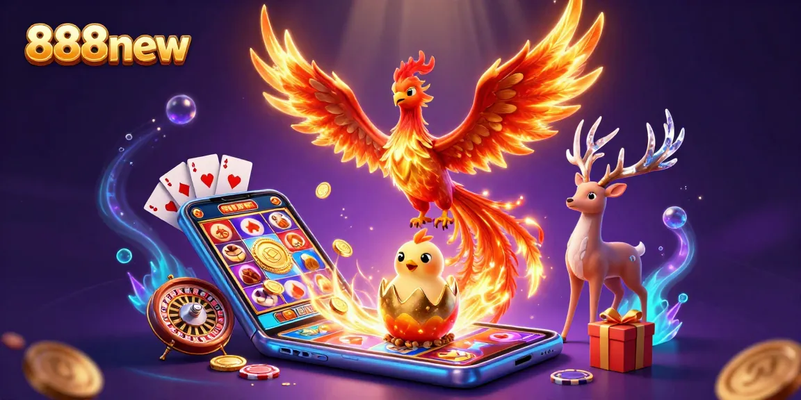 Experience the excitement of 888new with a dynamic casino-themed 3D illustration featuring mythical characters.