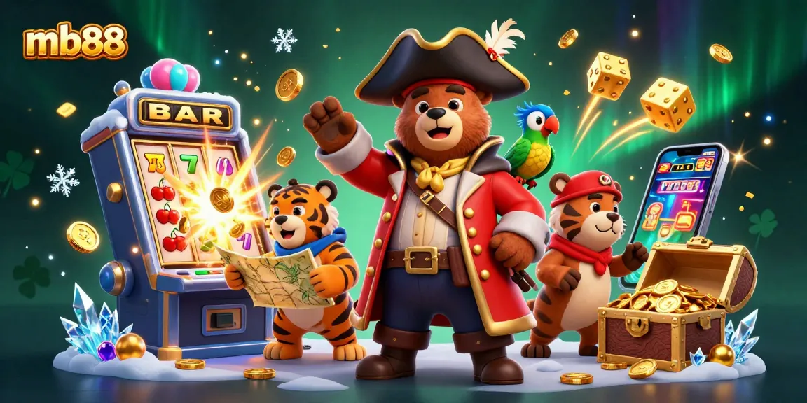 Khám phá jackpot mb88 với chú gấu hải tặc, hổ mạnh mẽ và những đồng tiền vàng lấp lánh.