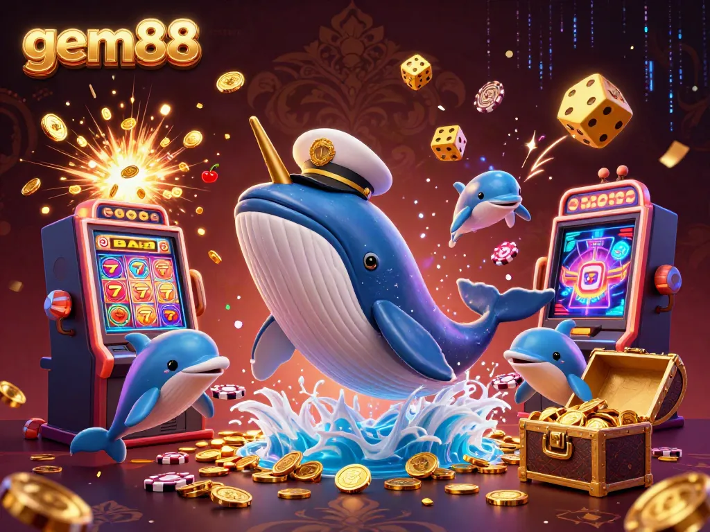 Experience gem88's thrilling jackpot adventure with a playful whale and dolphin in a vibrant casino scene.
