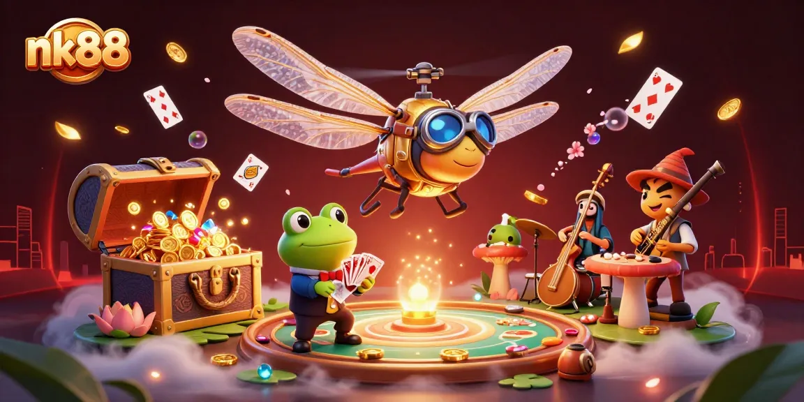 Action-packed scene of the nk88 casino featuring a dragonfly pilot, frog croupier, and vibrant game elements.