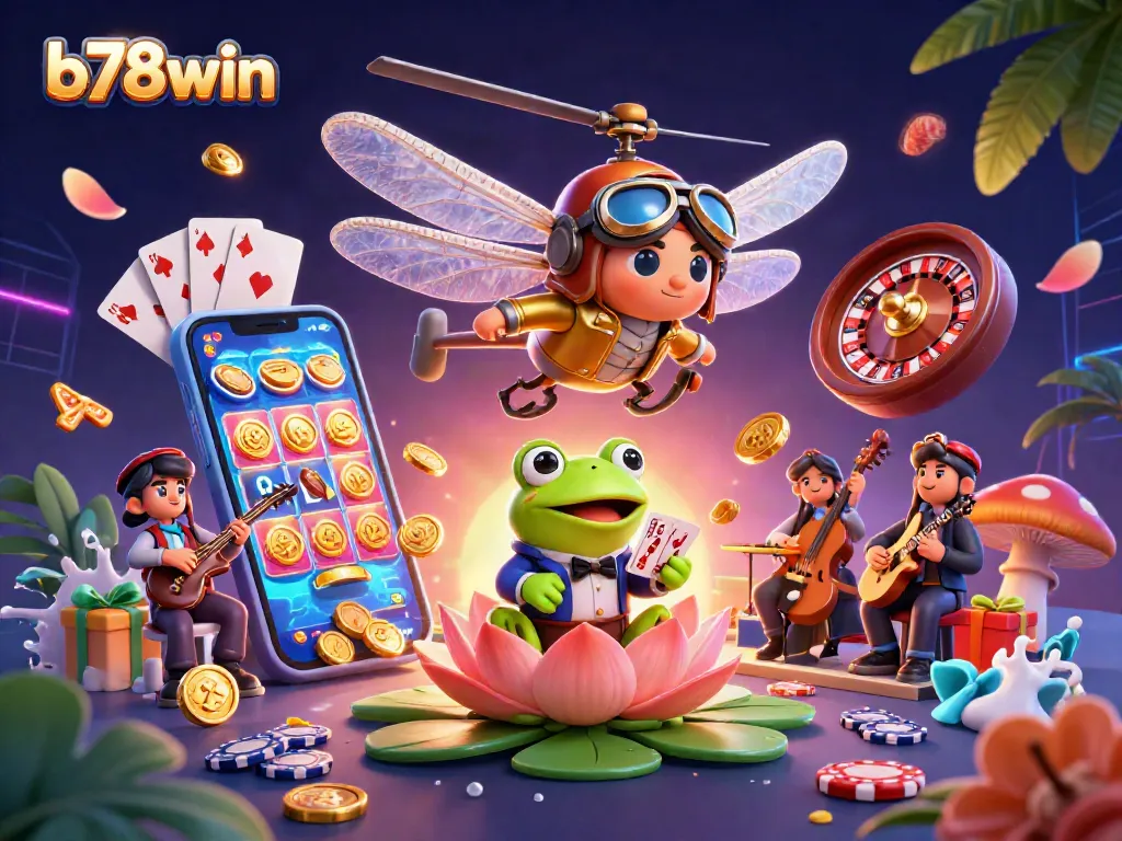 b78win hosts an exciting casino scene with a dragonfly pilot, frog croupier, and jazz musicians engaged in thrilling gambling action.