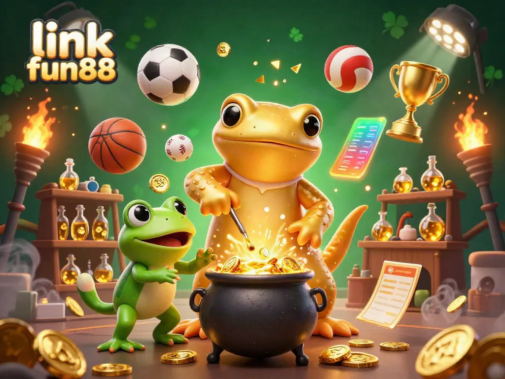 Win gold coins with link fun88 in this dynamic illustration featuring a golden salamander alchemist and sports elements.