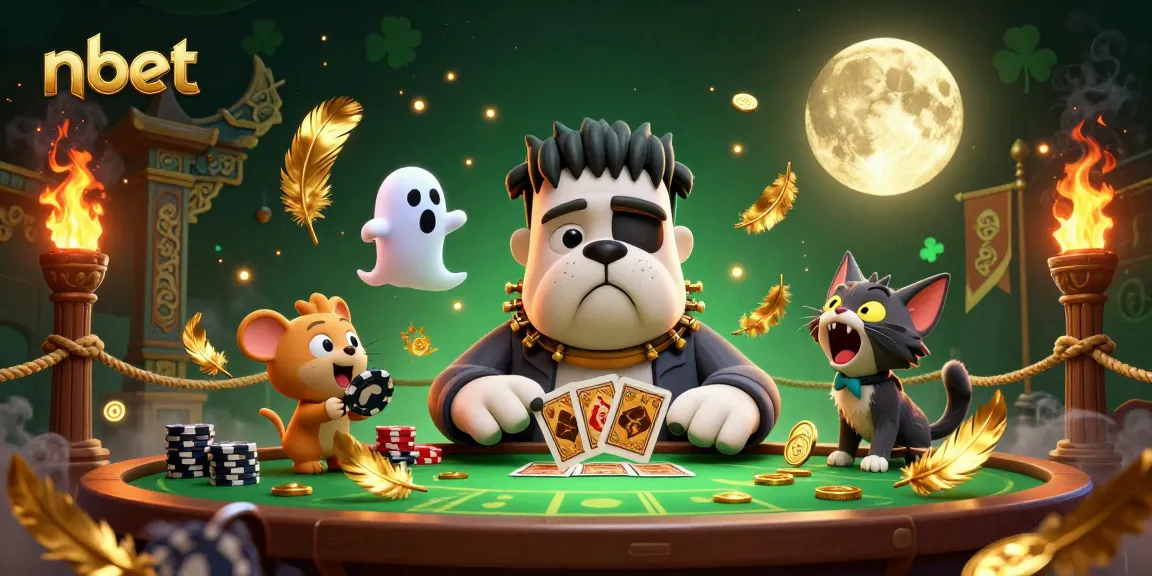 nbet players experience thrilling wins at a haunted casino table with vibrant cartoon characters.