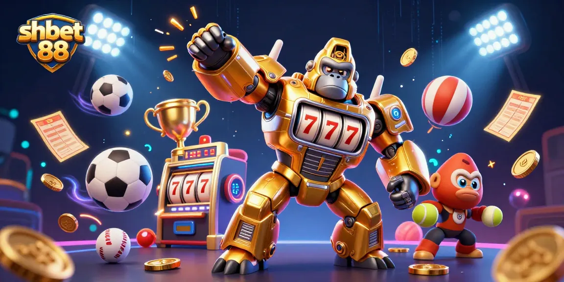 Engage with exciting game dynamics at shbet 88, featuring a golden gorilla mech amidst vibrant sports elements.