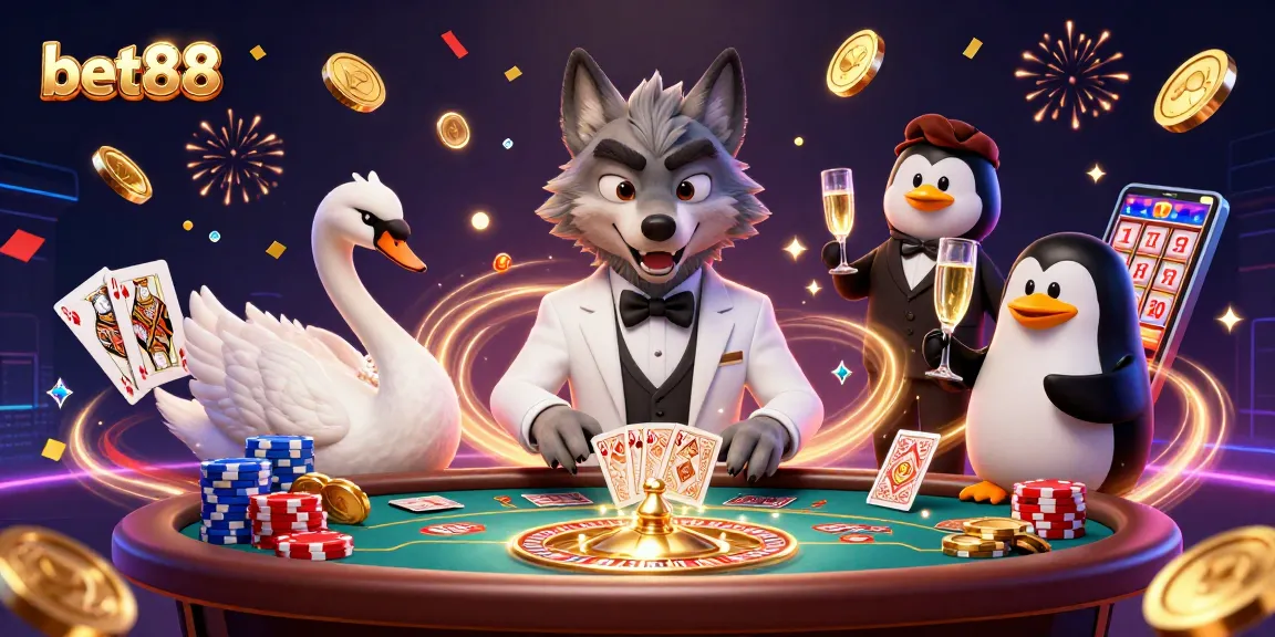 Experience thrilling bets at bet88 with vibrant characters, gold coins, and spinning roulette.