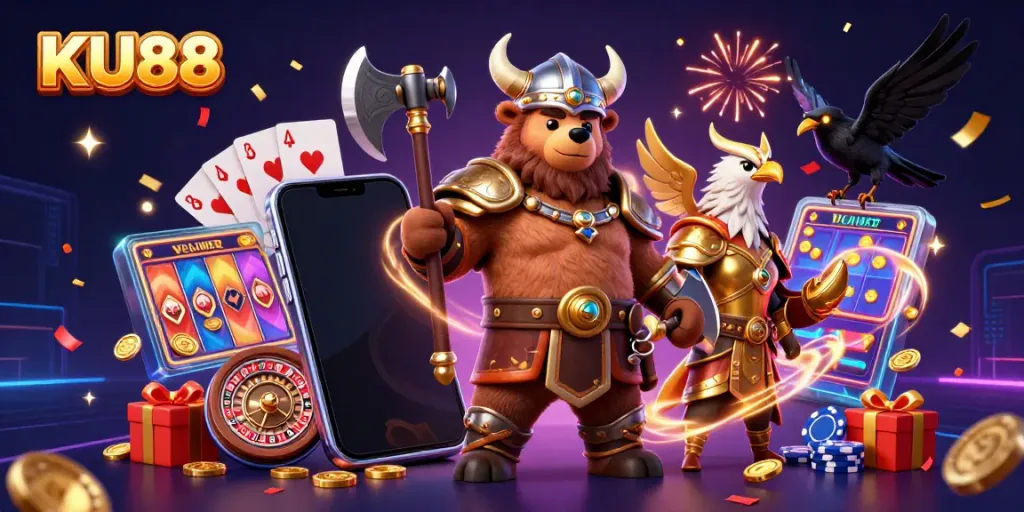 Immerse yourself in KU88’s thrilling casino experience with a Viking bear, Valkyrie eagle, and exciting gaming elements.