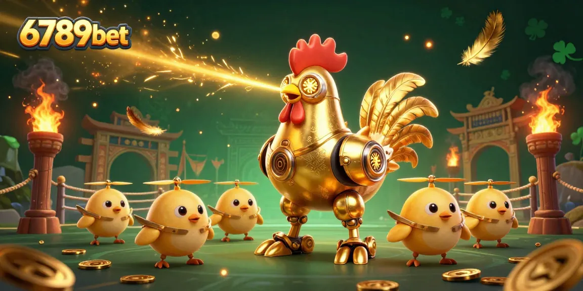 Engage with the exciting world of 6789bet: Laser-shooting rooster robot and drones amidst a vibrant casino scene.