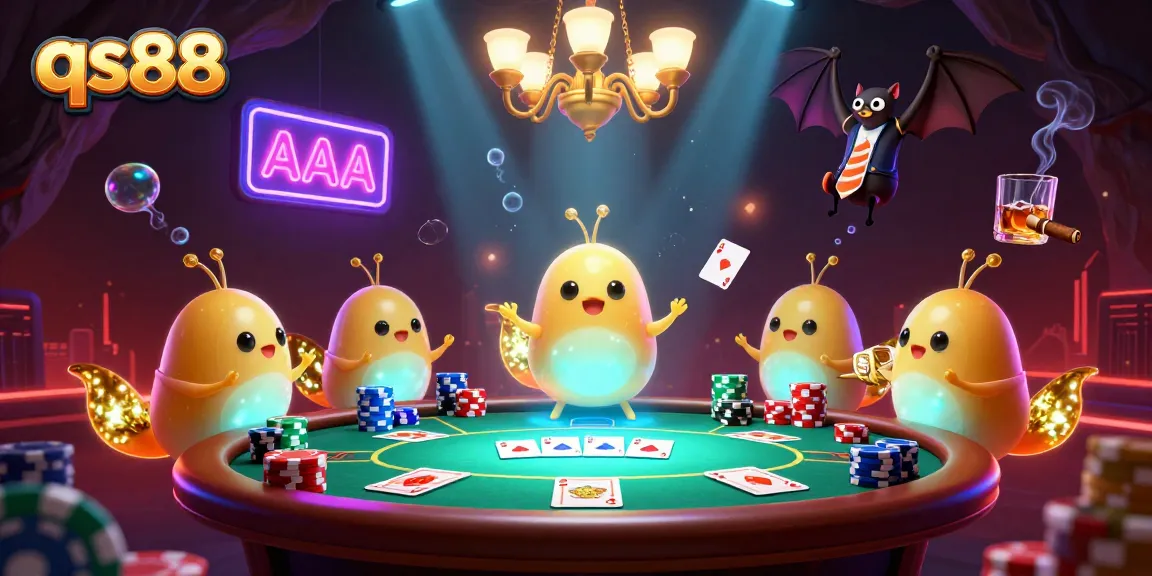qs88 showcases an electric casino scene with glowworms, poker elements, and a bat dealer.