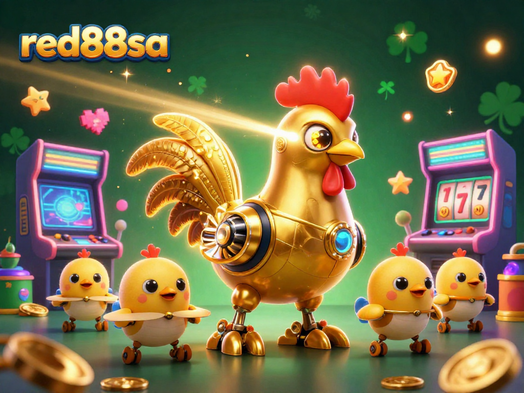 Experience the excitement of red88sa with a vibrant casino adventure featuring golden rooster robot and arcade games.