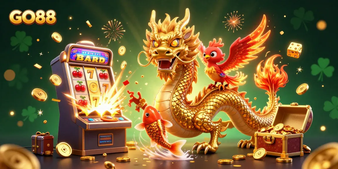 Experience the thrill of GO88 with a golden dragon, phoenix, and jackpot symbols in vibrant action.