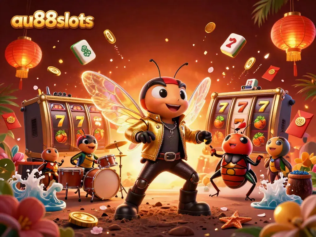 Join the excitement at au88slots with vibrant characters amid a rich casino scene featuring slot reels and fireworks.