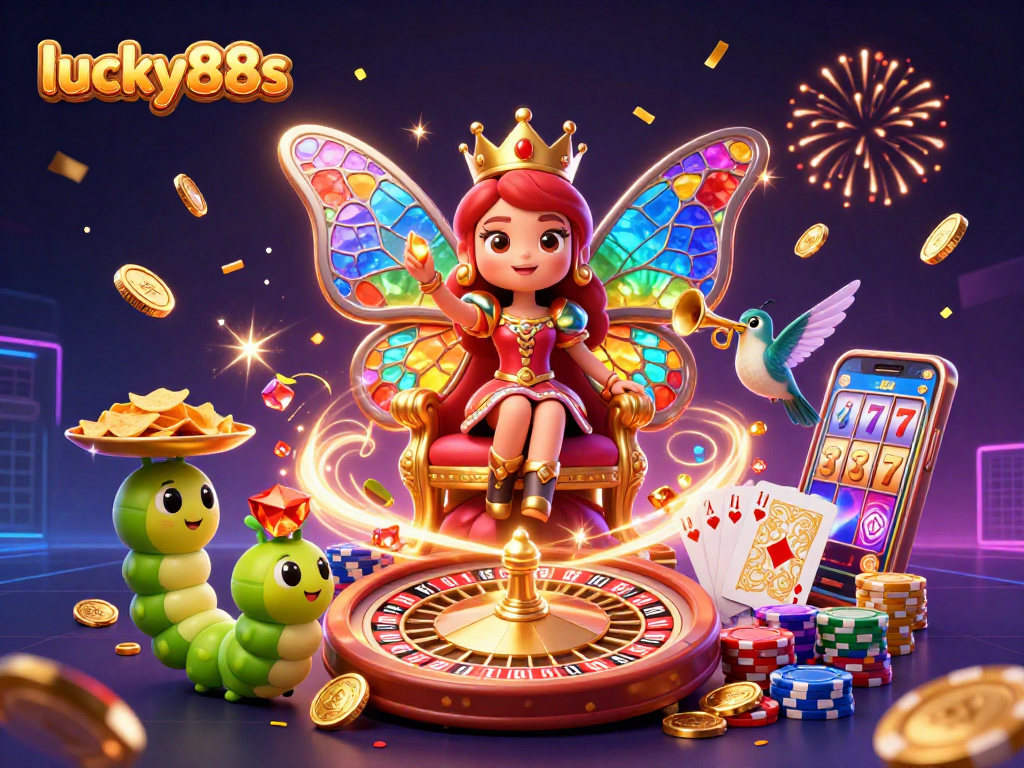 Engage in thrilling games at lucky88s with vibrant 3D casino scene showcasing brilliant characters and energetic elements.