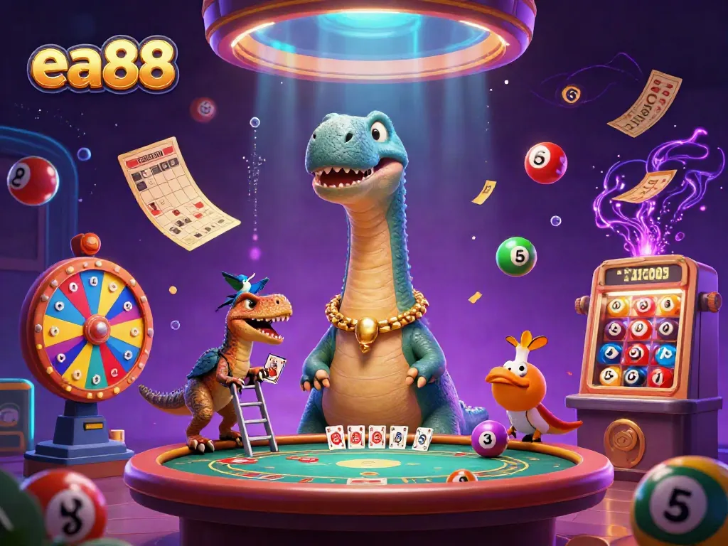 Experience thrilling gameplay at ea88 with dynamic lottery balls, card-dealing raptors, and a towering brontosaurus in a casino setting.