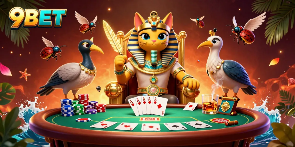 Experience the thrill of 9BET with a vibrant casino scene featuring a pharaoh cat and poker elements.